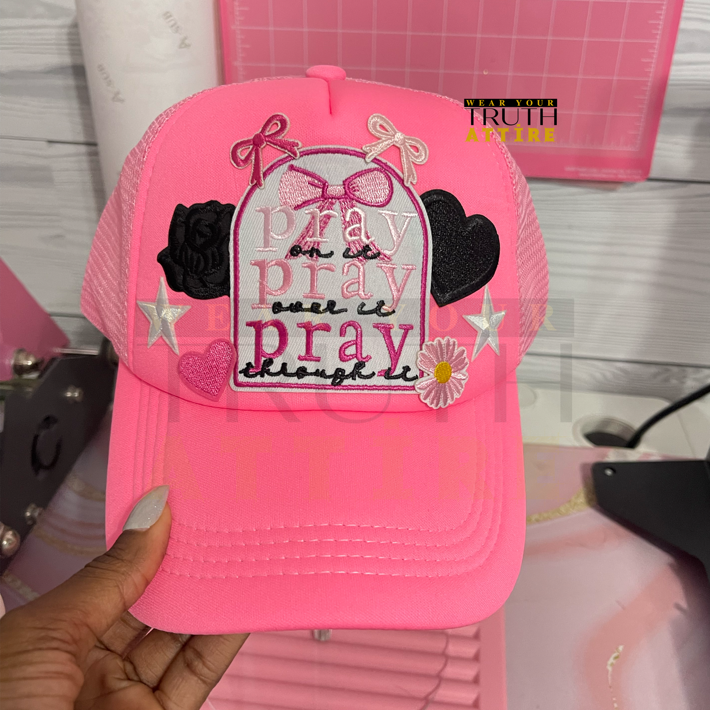 Pray on it, Over it, and Through it Pink {Junk Hat}