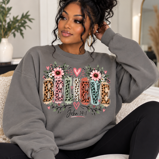 Model wearing Believe John 14:1 faith sweatshirt by Wear Your Truth Attire