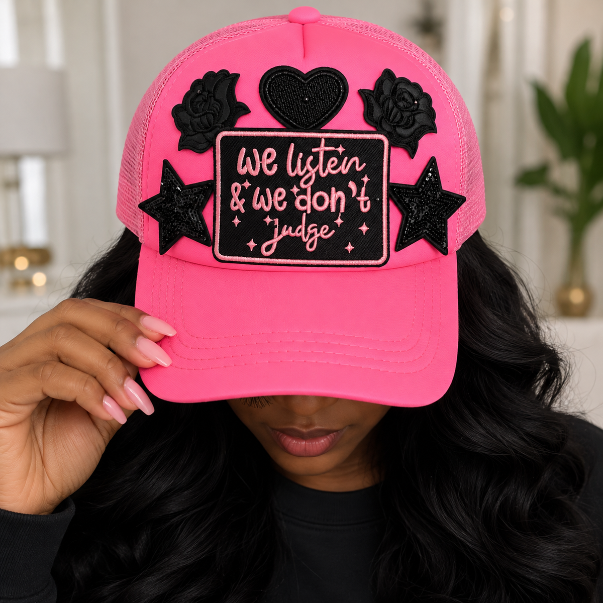 We Listen and We Don't Judge statement hat by Wear Your Truth Attire